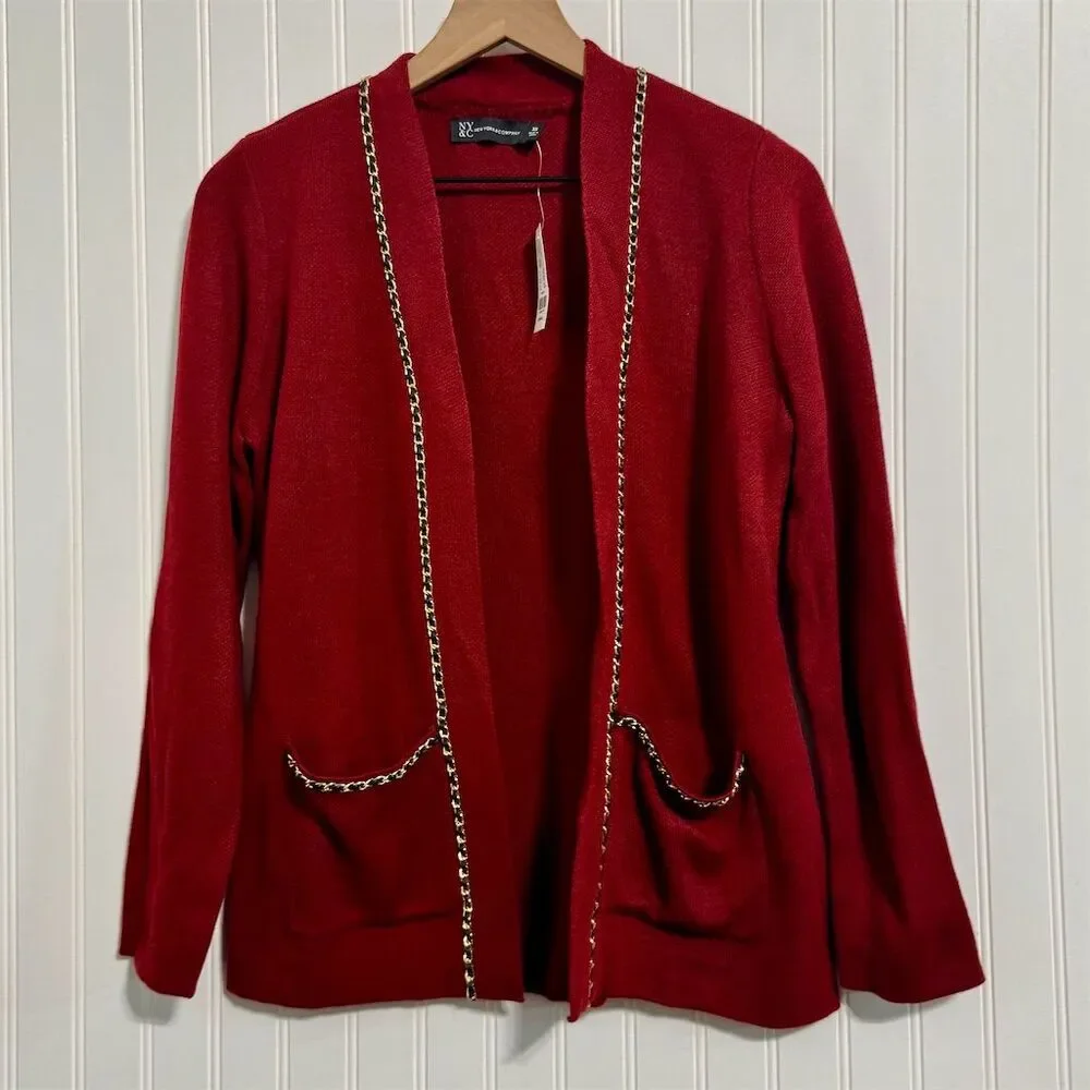 NWT New York & Company Cardigan Sweater XS Red Gold Chain Trim OpenFront Holiday